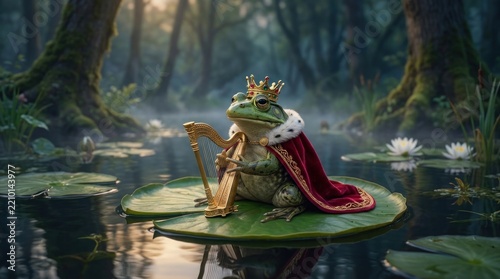 A Majestic Frog King Wearing a Royal Crown and Cape on a Lily Pad.