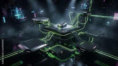 Floating asymmetric podium with layered platforms connected by glowing lime neon energy lines, futuristic product display with dramatic dark atmosphere