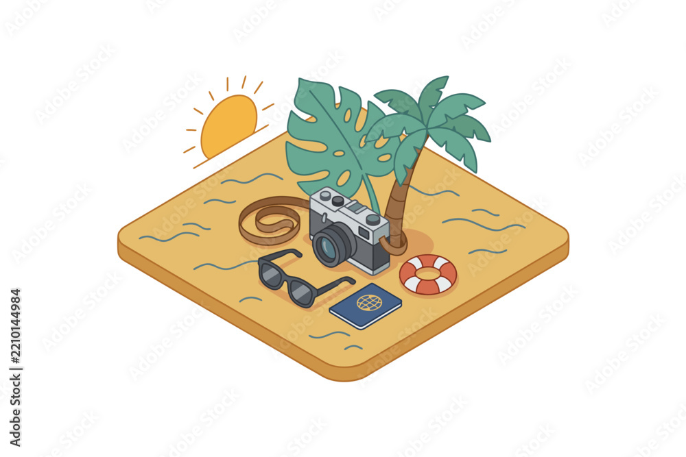 Fototapeta premium Travel camera with sunglasses, passport and tropical leaf, summer vacation icon, isometric perspective, solid color vector, clean shapes, isolated white background