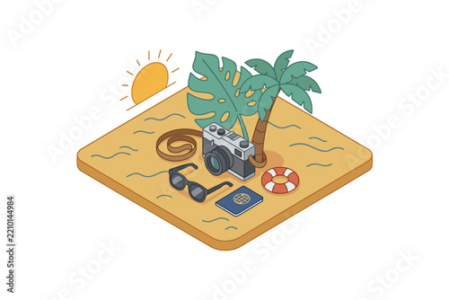 Travel camera with sunglasses, passport and tropical leaf, summer vacation icon, isometric perspective, solid color vector, clean shapes, isolated white background