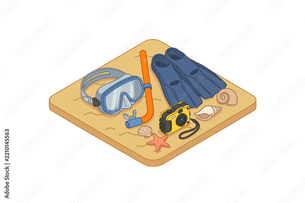 Fototapeta premium Snorkeling mask, swimming fins and underwater camera, tropical summer vacation icon, isometric perspective, solid color vector, simple clean shapes, isolated white background