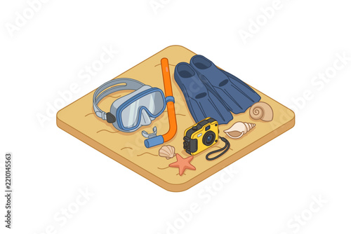  Snorkeling mask, swimming fins and underwater camera, tropical summer vacation icon, isometric perspective, solid color vector, simple clean shapes, isolated white background