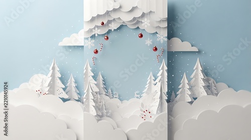 Christmas papercraft winter wonderland featuring white pine trees fluffy clouds festive ornaments and snowflakes hanging delicately against blue backdrop
