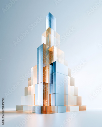 Minimal 3D geometric pyramid built from layered blocks, broad foundation supporting interconnected content pillars, tiny abstract icons embedded in the blocks, soft studio lighting, pale blue and