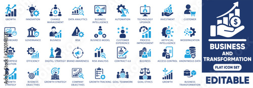 Business and transformation icon set. featuring digital strategy, change management, technology upgrade, innovation, and modernization.