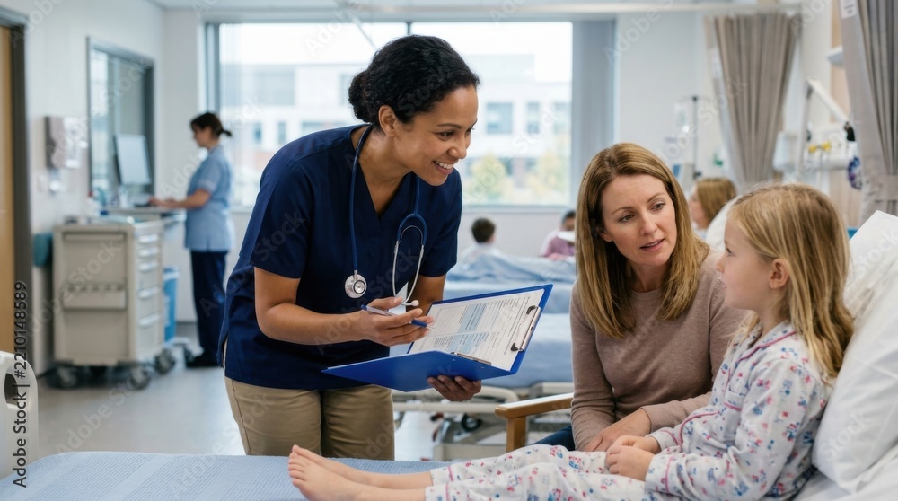 Fototapeta premium Caring nurse discusses treatment plan with young patient and her mother in hospital room