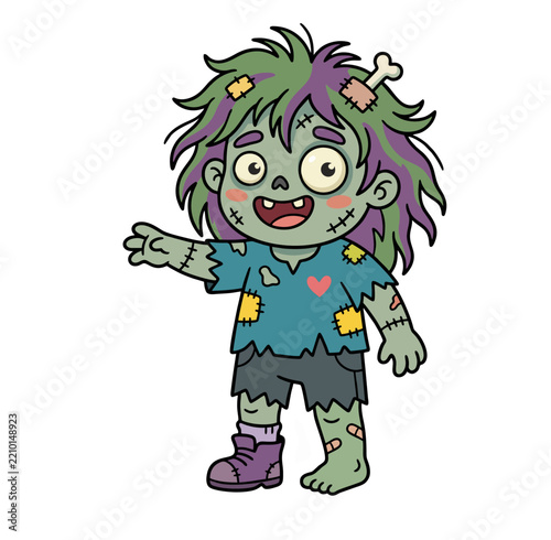 Cute Green Zombie Boy Holding Pumpkin Halloween Cartoon Illustration