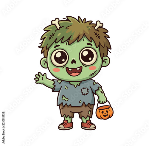 Cute Green Zombie Child Holding Pumpkin Halloween Illustration