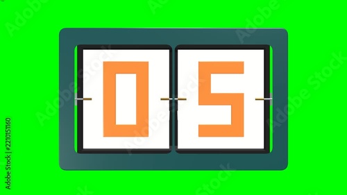 Premium 3D vintage mechanical countdown board flipping from 10 to 00 with colorful teal, cream, orange, brass and steel components isolated on a pure green screen background.