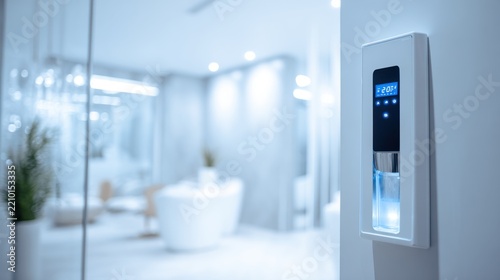 Modern office water dispenser with digital display and illuminated glass. A sleek, contemporary water cooler with a digital interface and glowing glass sits on wall in bright, minimalist office space