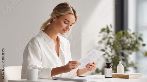 Young woman in white shirt reading document at desk with plant and mug. A focused blonde woman sits at a desk, reviewing papers with a gentle smile, surrounded by office essentials and greenery