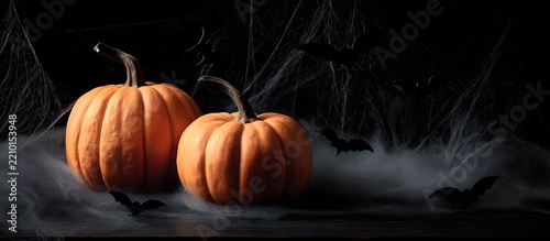 Pumpkins with bats on a black background, Halloween party concept.