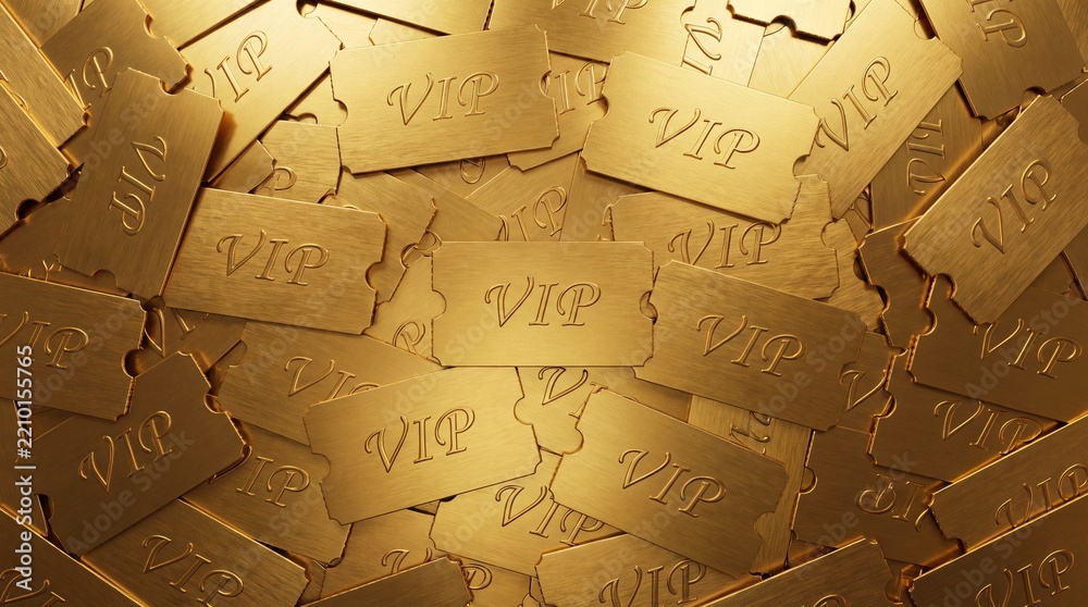 Obraz premium A pile of luxurious golden VIP tickets with a brushed metal texture, reflecting warm light for an exclusive and premium event concept.