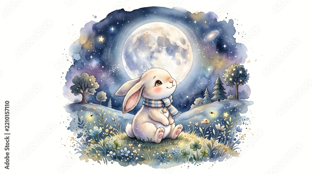 Obraz premium Cute white bunny wearing a scarf sits under the full moon