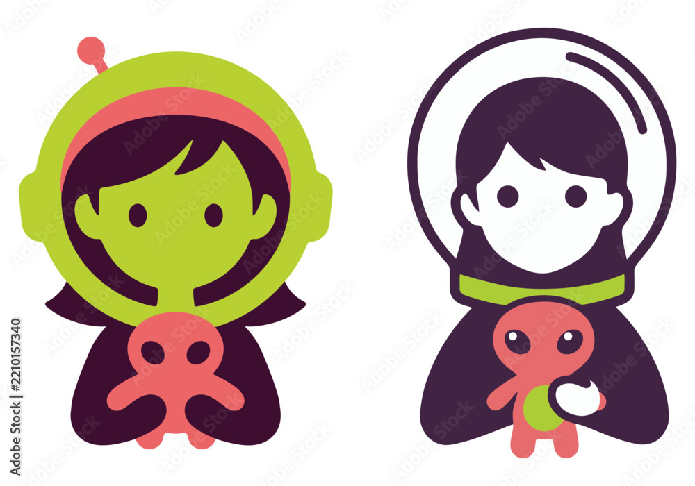 Fototapeta premium Female astronaut character holding small alien friend vector portrait.
