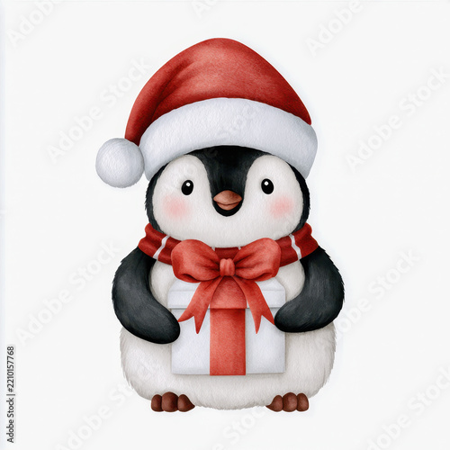 Cute hand drawn penguin wearing Santa hat and scarf, holding wrapped gift with joyful winter expression on white background