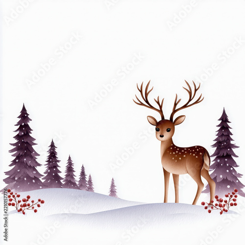 Deer standing in snowy forest with pine tree, red berry, and hand drawn winter texture creating calm seasonal banner scene