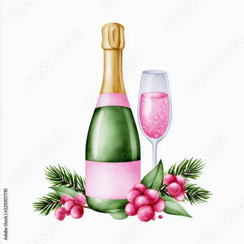 Hand drawn craft champagne bottle and pink drink with winter greenery and berries creating festive holiday still life