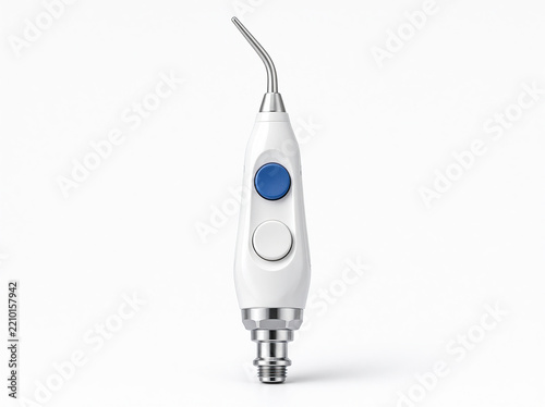 Dental air water three way syringe handpiece nozzle instrument isolated on white background high key studio shot.