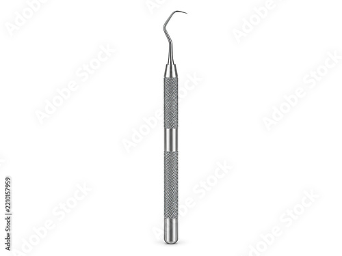 Stainless steel dental explorer probe instrument with knurled handle isolated on white background high key studio shot.