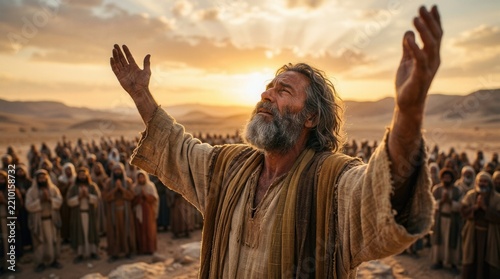 Bearded man raises arms toward the sky in prayer during a biblical desert gathering.