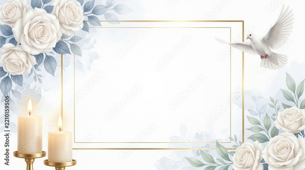 Fototapeta premium Elegant funeral frame featuring white roses, burning candles, and a flying dove.
