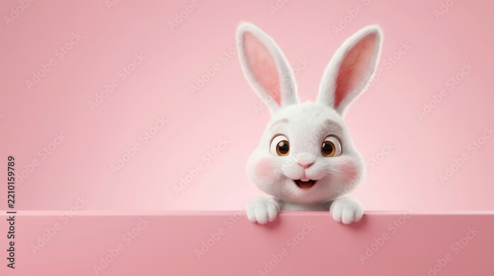 Obraz premium Cute Easter bunny illustration peeking over a pink wall with copy space.