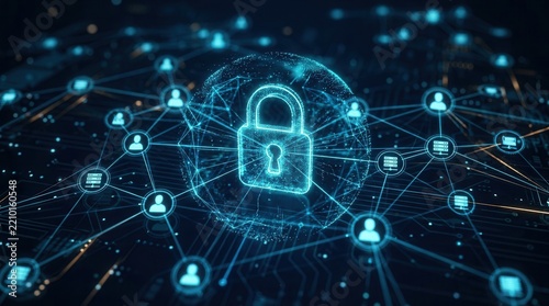 Cybersecurity network illustration featuring glowing blue icons of people, locks, and data centers in a mesh.