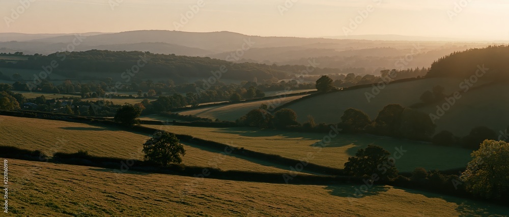 Obraz premium Rolling countryside landscape at golden hour with fields and hedgerows under warm light