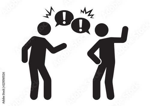 Two Stick Figures Arguing and Shouting with Exclamation Speech Bubbles in Black and White Vector Design and Illustration Style