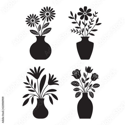 Flower Vases Silhouette Collection in Vector Design and Illustration Style Featuring Elegant Floral Bouquets and Botanical Elements
