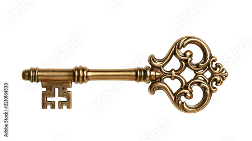 Ornate antique brass skeleton key with intricate decorative bow handle