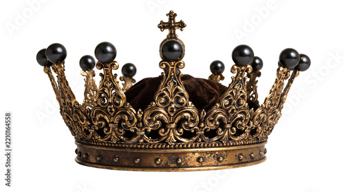 Fotografie Ornate antique gold crown with black pearls and velvet lining
