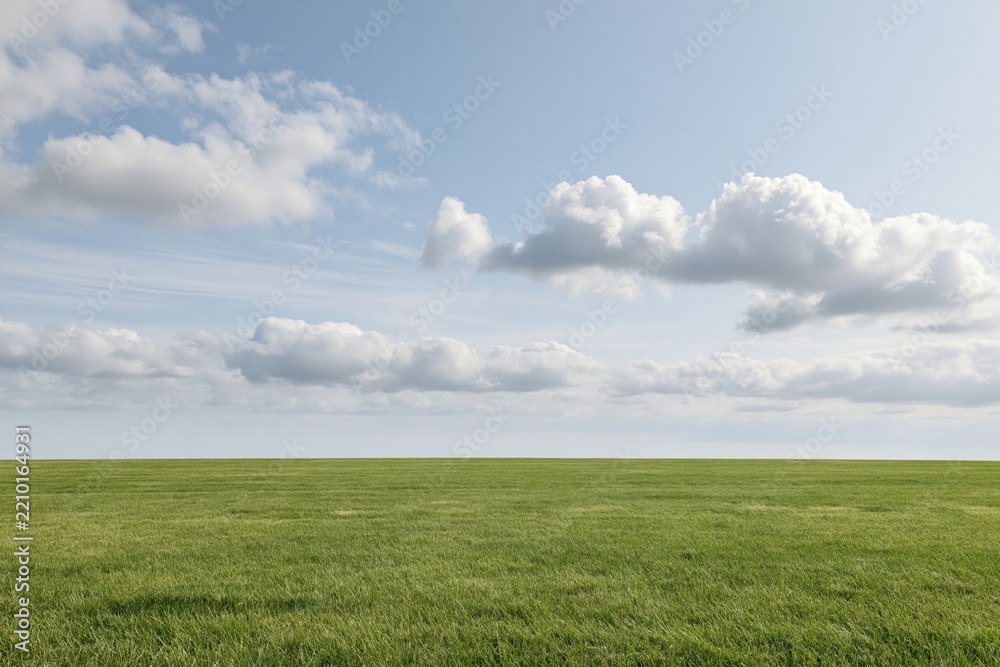 Obraz premium The Field of Expansive Green Grass Under a Bright Blue Sky Filled with Clouds
