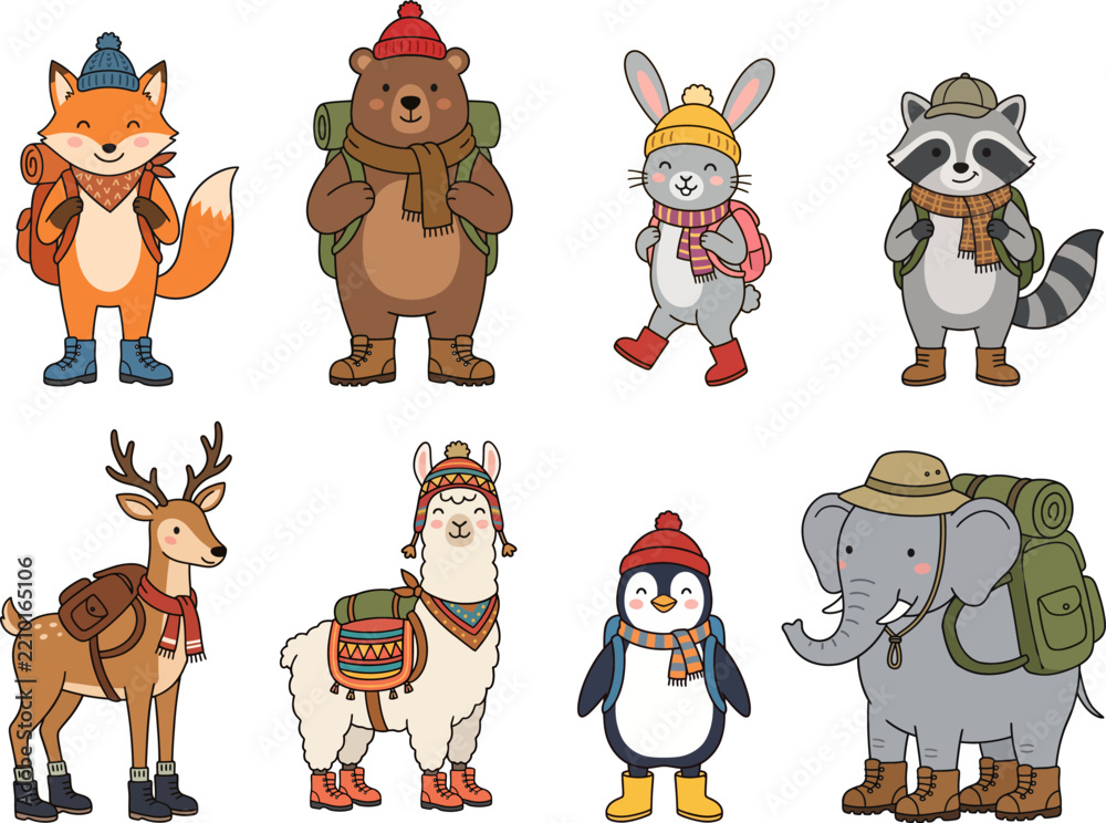 Obraz premium Cute Cartoon Animal Explorers in Winter Hiking Gear