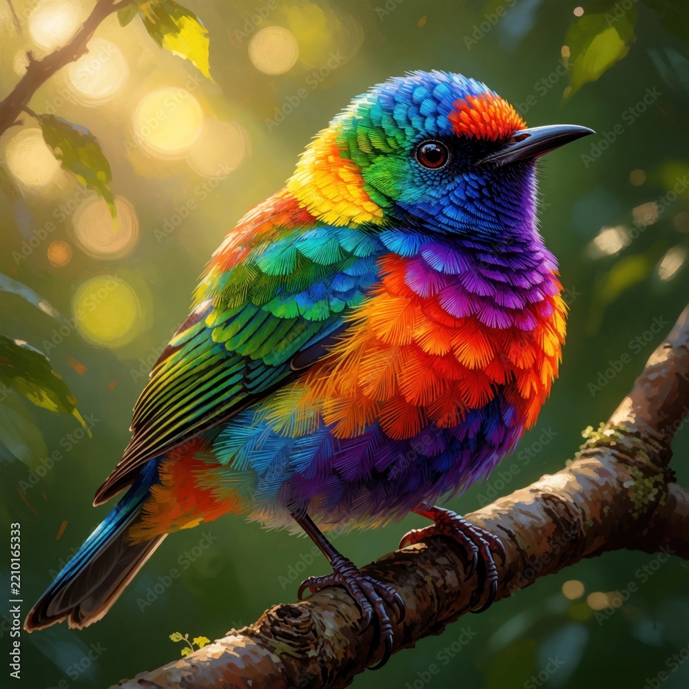 Obraz premium Vibrant colorful bird perches on tree branch in tropical jungle. Bright rainbow feathers show detailed texture in sunlight. Exotic avian wildlife rests in green forest environment. Beautiful