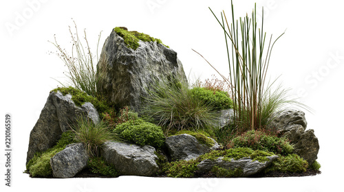 Large grey granite rocks with green moss and wild grasses in a garden landscape
