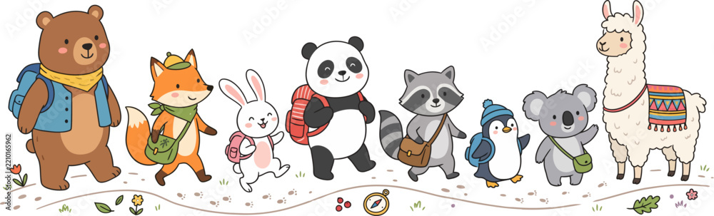 Obraz premium Cute Cartoon Animal Explorers Hiking Outdoors