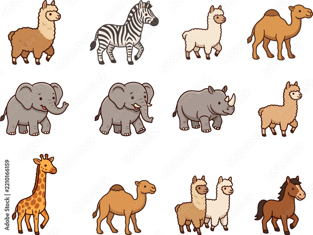 Obraz premium Cute Cartoon Safari and Desert Animal Collection