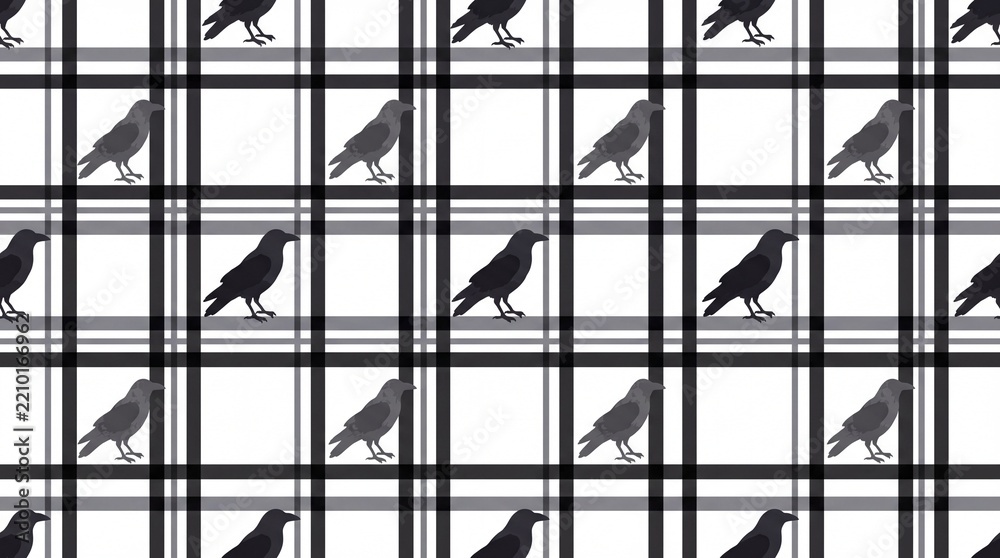Obraz premium Spooky Halloween seamless pattern with black raven silhouettes on plaid.