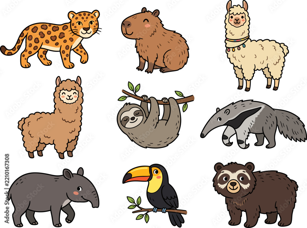 Obraz premium Cute Cartoon Tropical Wildlife Character Collection