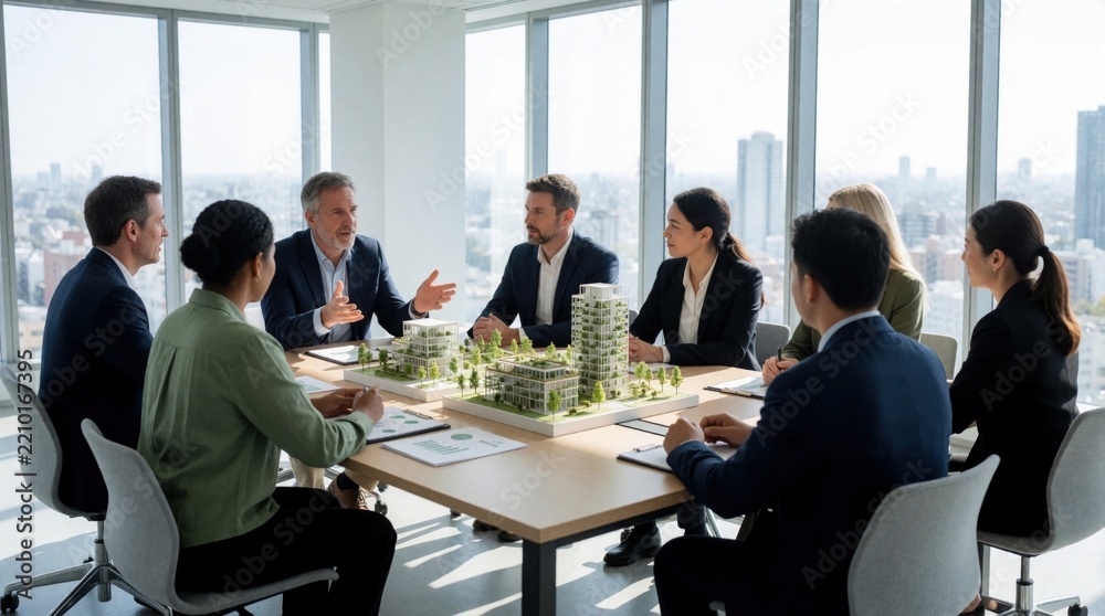 Fototapeta premium Insurance expert discusses green building coverage plans with diverse business team. Professionals analyze eco friendly construction project model in modern bright office. Group works on risk