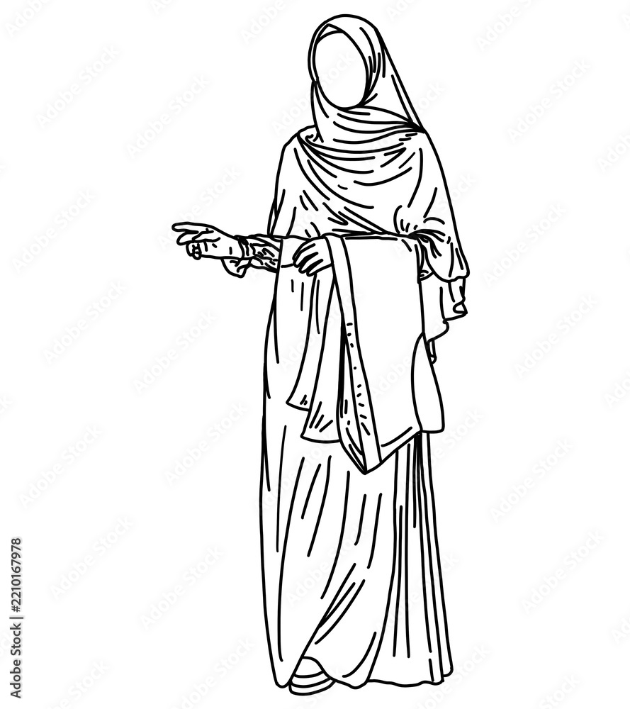 Obraz premium Muslim Woman Wearing Syari Hijab and Abaya Vector Illustration, Elegant Hijabi Girl in Modest Pastel Outfit Line Art Illustration, Modern Muslimah Character in Syari Outfit Vector Flat Design