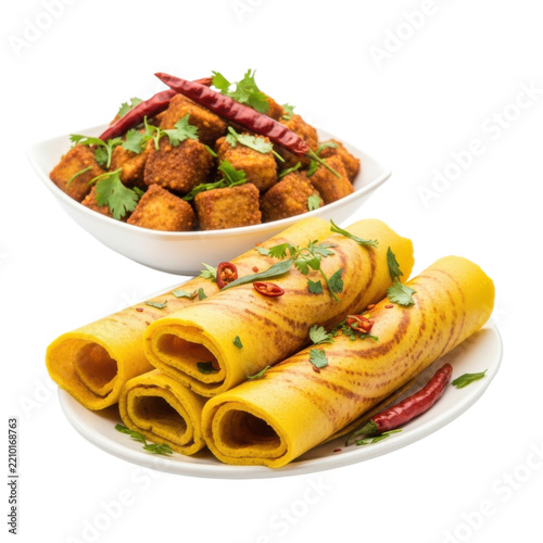 Golden rolled dosa with spicy fried cubes and fresh herbs on a white plate