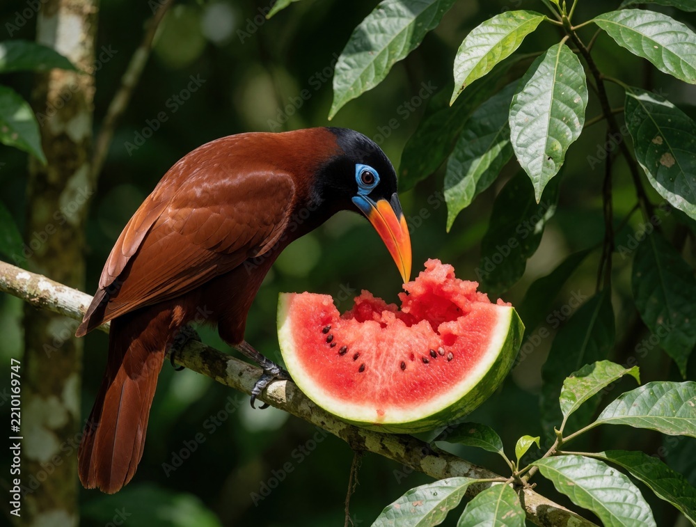 Obraz premium Montezuma Oropendola bird eats red watermelon slice on tree branch. Exotic tropical avian with black head, orange beak feeds in Costa Rica jungle. Colorful wild bird enjoys fruit snack in green