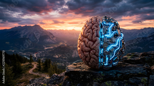 Cybernetic human brain on mountain cliff during colorful sunset.