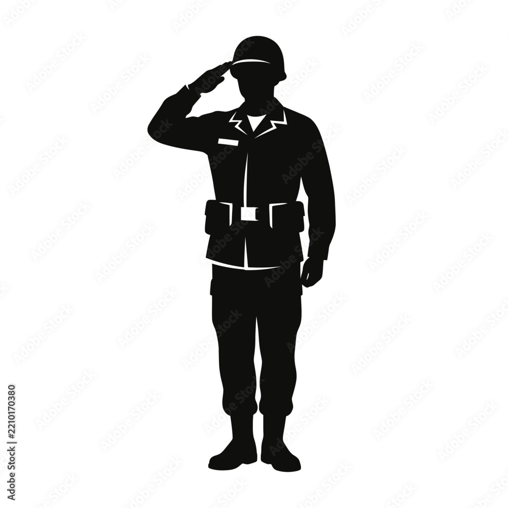 Obraz premium Military soldier silhouette saluting in uniform with military salute