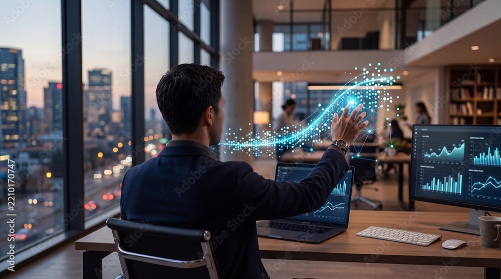Fototapeta premium Professional business manager analyzing digital corporate data using advanced holographic technology interface inside a modern office space