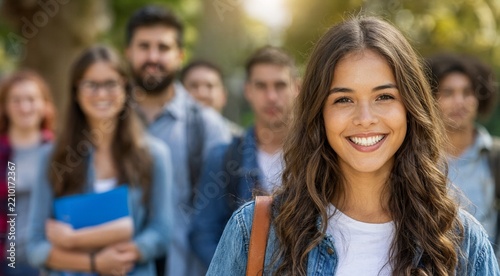 Happy smiling female student with friends at university campus