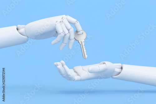 Robot hands exchanging metal key on blue background